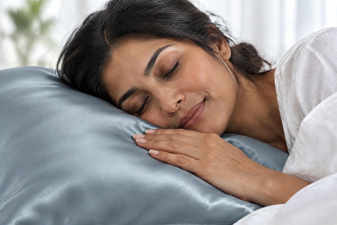 Woman asleep on her side, her cheek and hand resting on an ash-blue silk pillowcase
