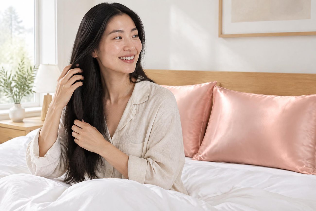 Smiling woman with long, straight black hair sitting up in bed in the morning, blush-pink silk pillowcases behind her