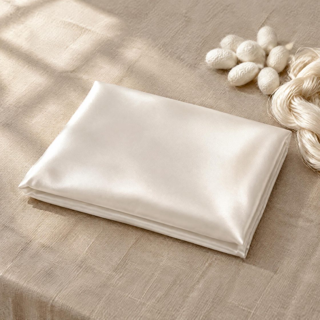 Folded cream mulberry silk pillowcase on linen beside raw silk cocoons