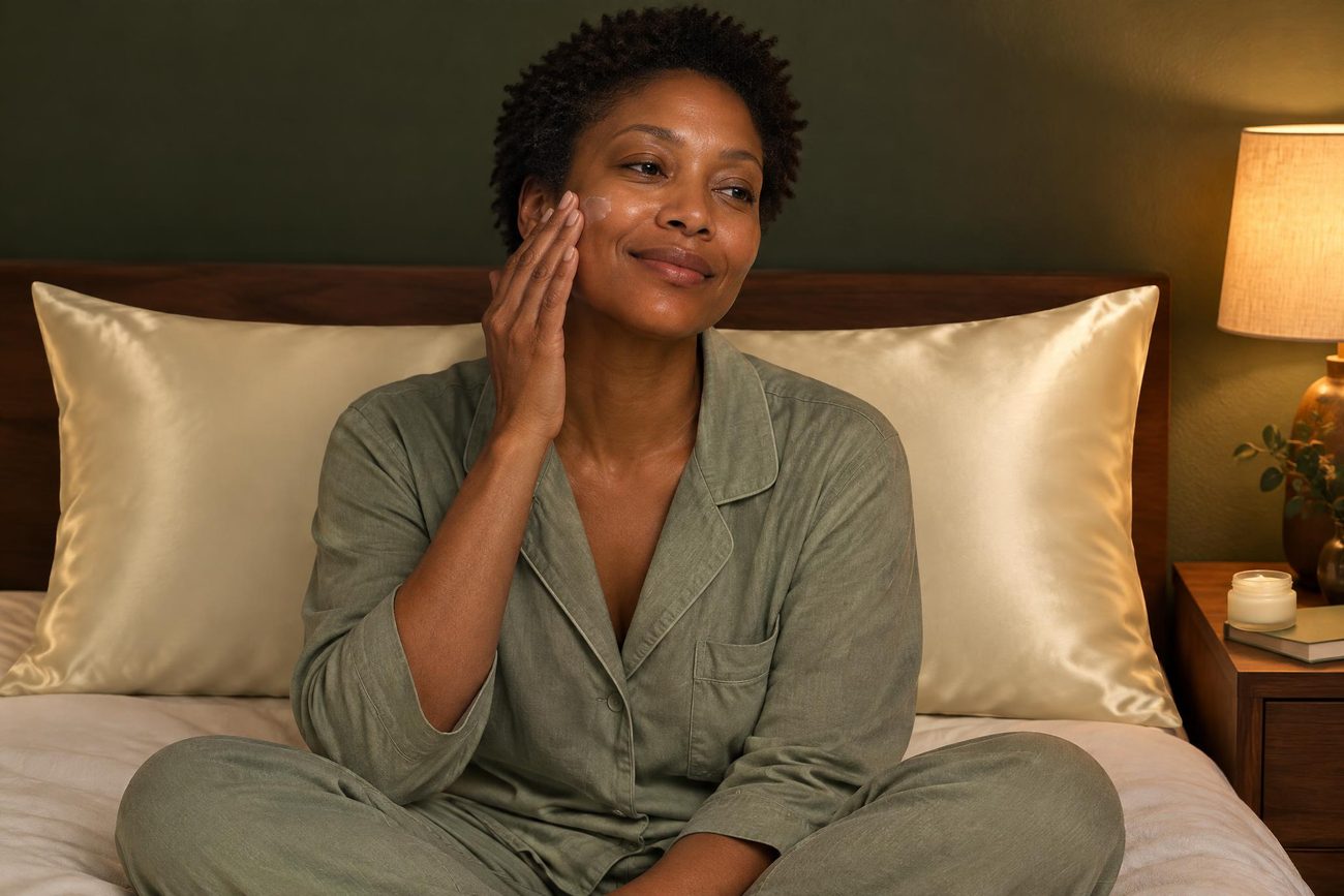 Woman patting night cream onto her cheek in bed at night, champagne silk pillowcases behind her