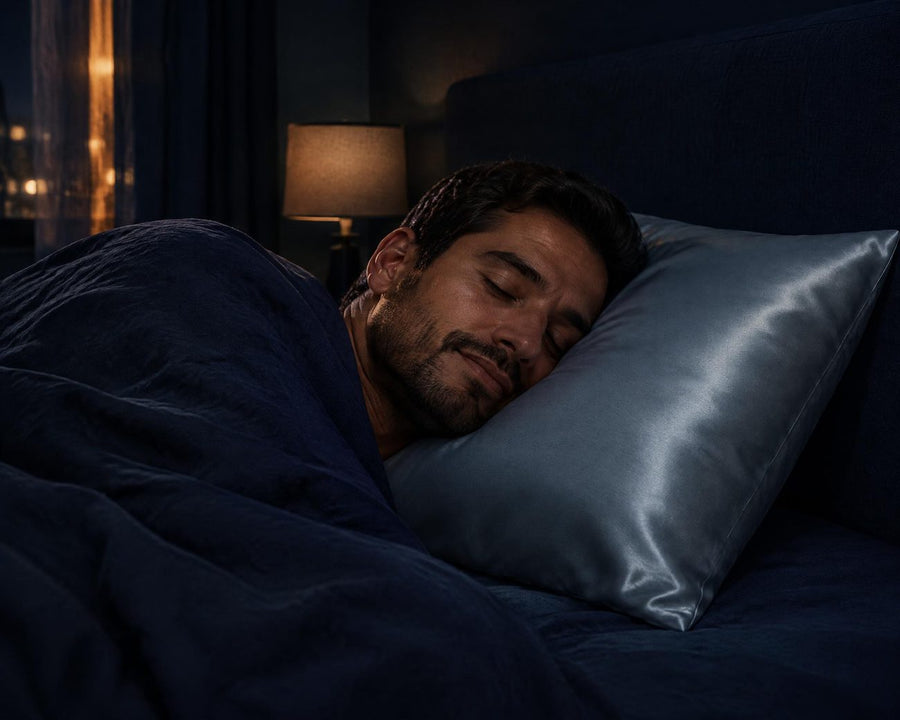 Man asleep on his side on an ash-blue silk pillowcase in a dark navy bedroom