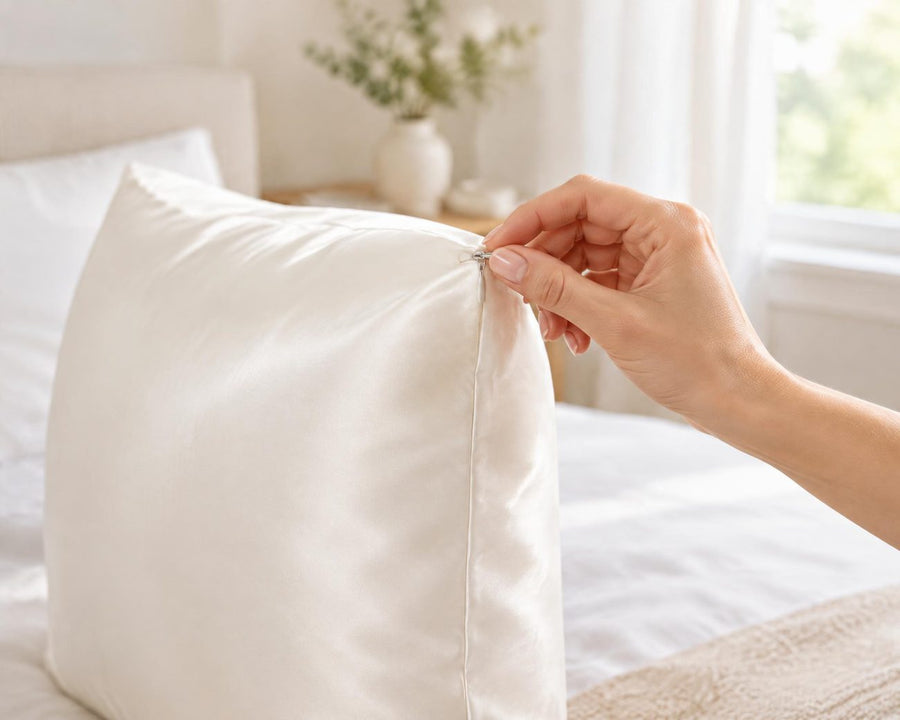 Hand closing the hidden zipper on a white silk pillowcase