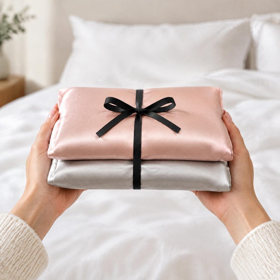 Hands holding pink and silver silk pillowcases tied with a black ribbon