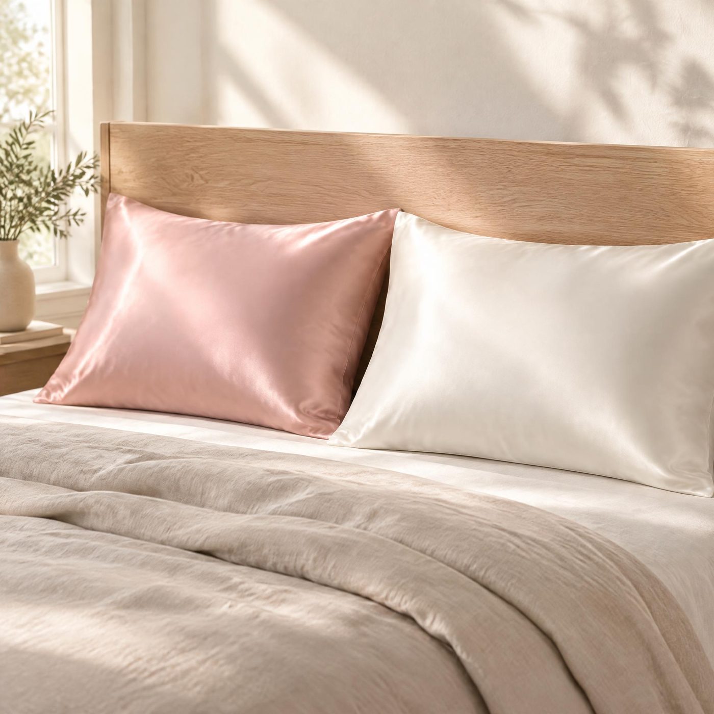 Sunlit bed dressed with blush pink and cream silk pillowcases