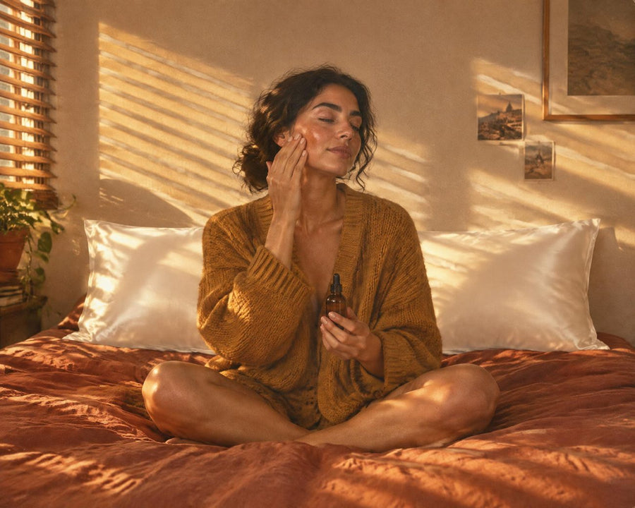 Woman pressing facial oil into her cheek on a sunlit bed, white silk pillowcases behind her