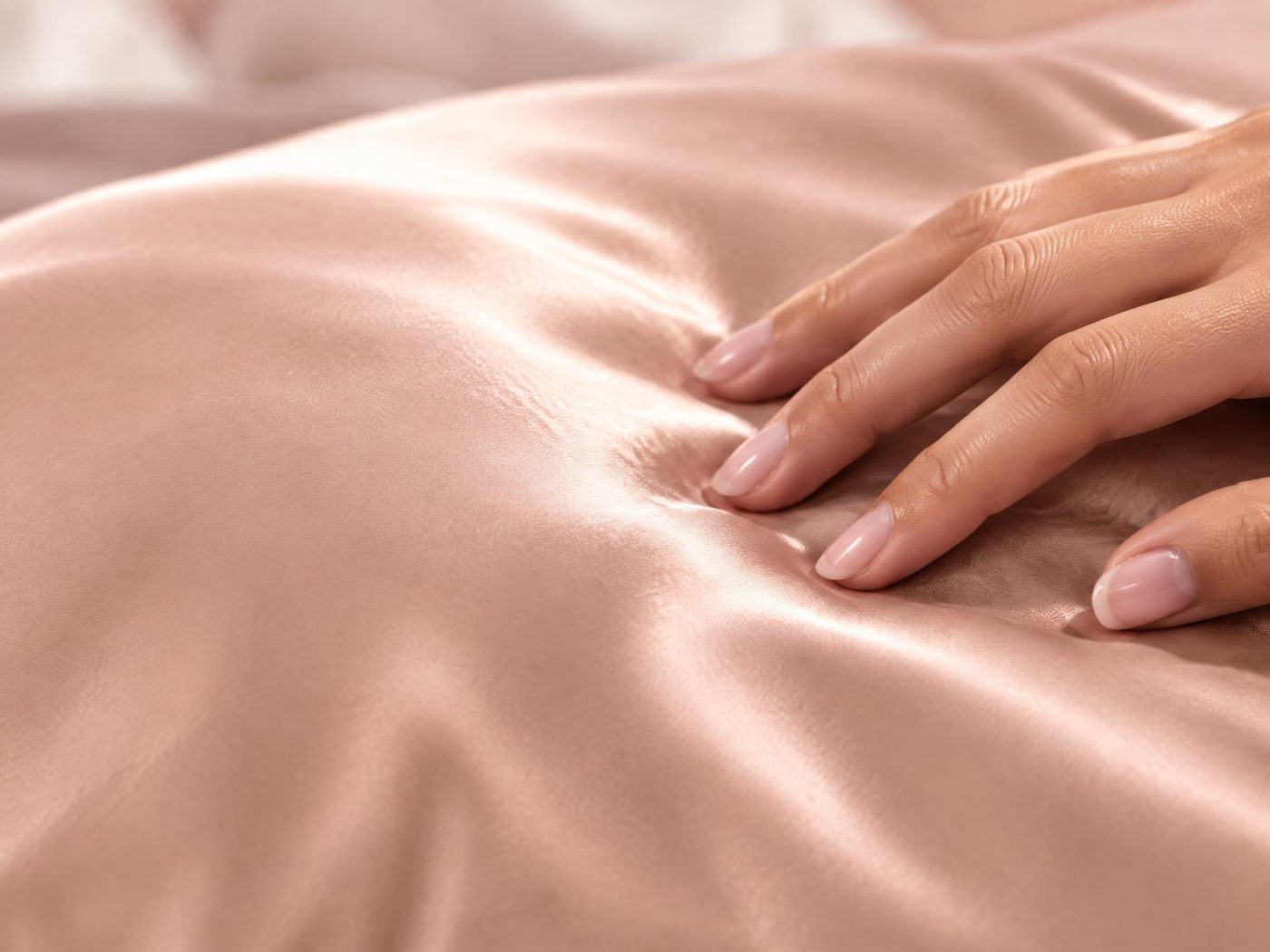 Fingertips gliding across a blush-pink silk pillowcase