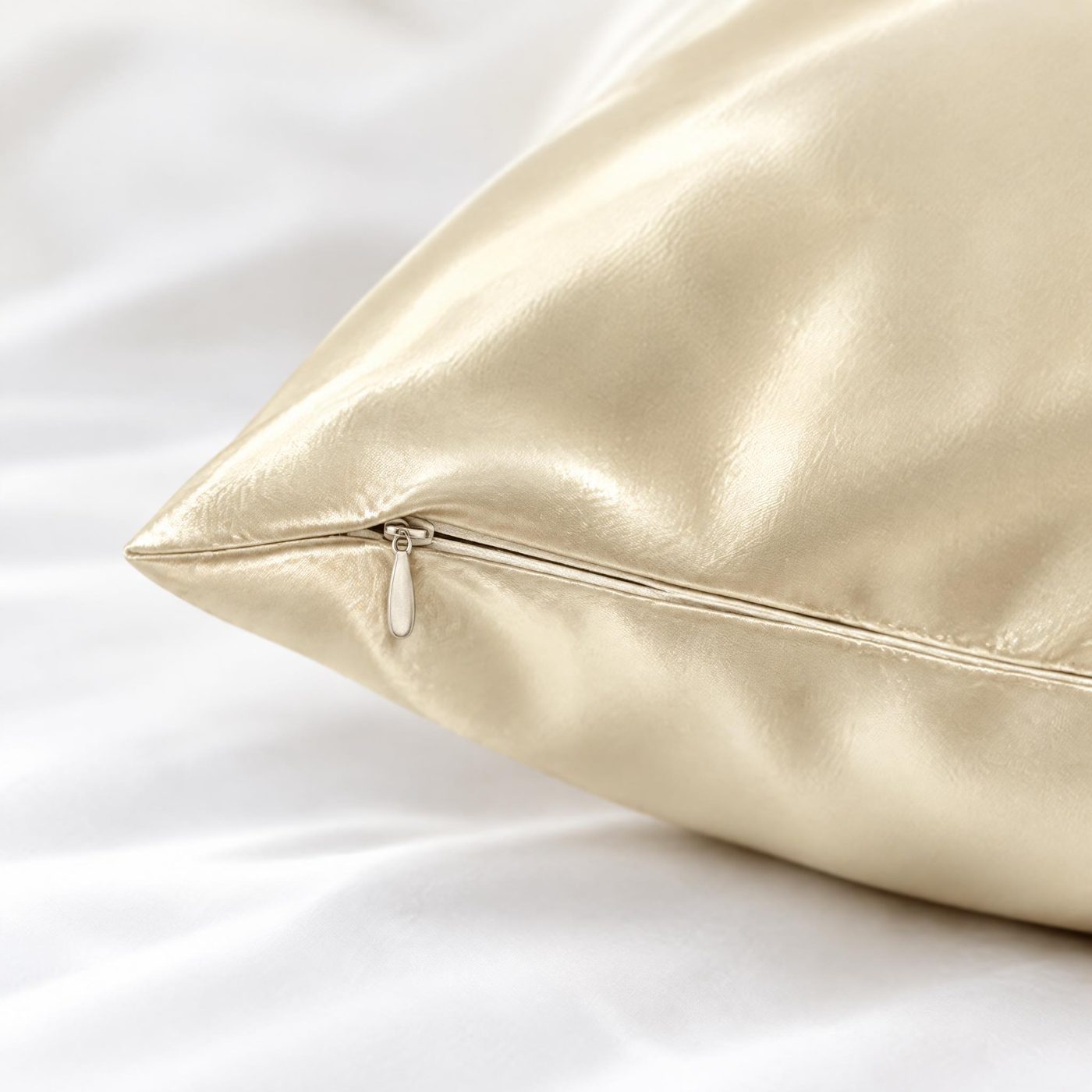 Close-up of the hidden zipper and pull on a champagne silk pillowcase