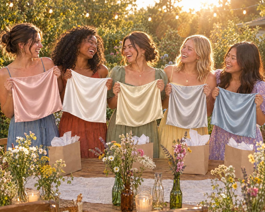 Five bridesmaids at a garden shower holding up silk pillowcases in pink, white, cream, silver and ash blue