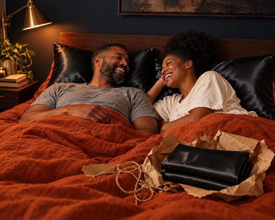 Couple laughing in bed on black silk pillowcases, with two more in torn kraft-paper wrapping