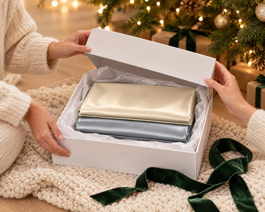 Hands opening a gift box of folded cream and silver silk pillowcases by a lit holiday tree