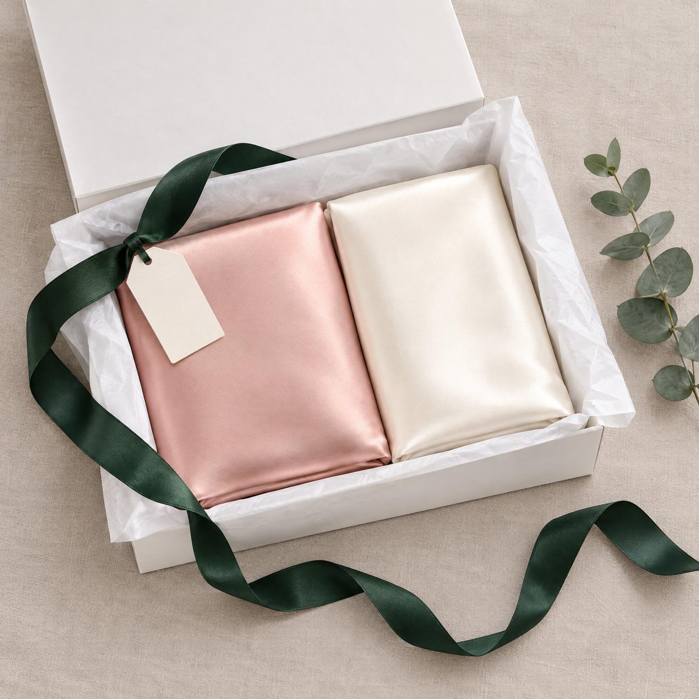 Gift box with folded blush-pink and white silk pillowcases, a green ribbon and a blank gift tag