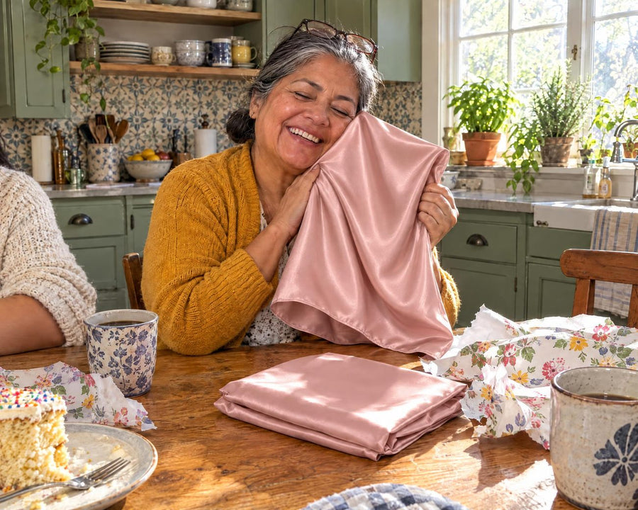 Woman in her 60s at a sunny kitchen table holding a blush-pink silk pillowcase to her cheek after unwrapping it