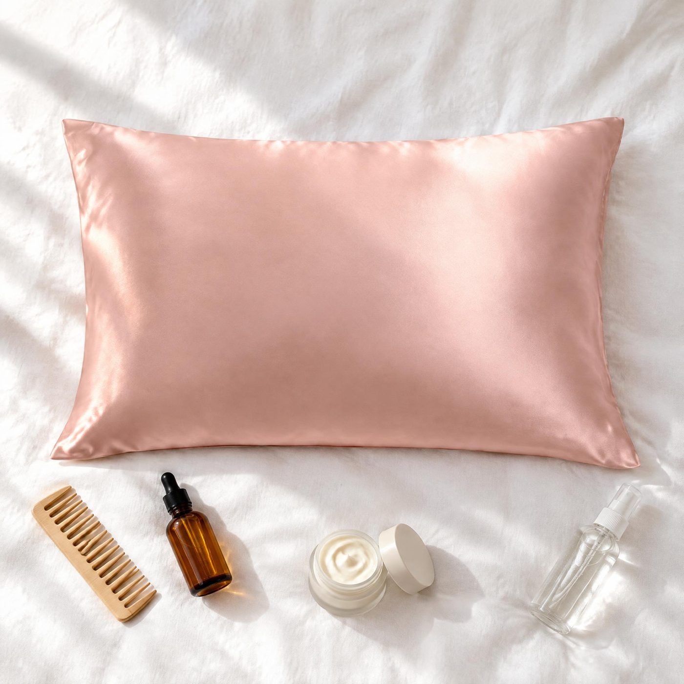 Blush-pink silk pillowcase with a wide-tooth comb, hair oil, curl cream and a spray bottle