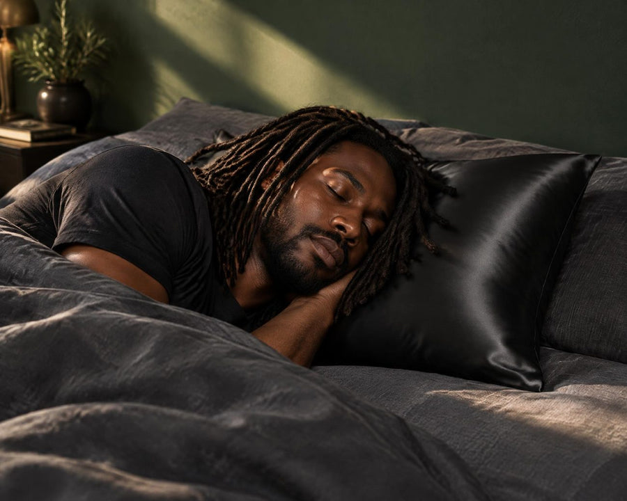 Man with locs asleep on a black silk pillowcase