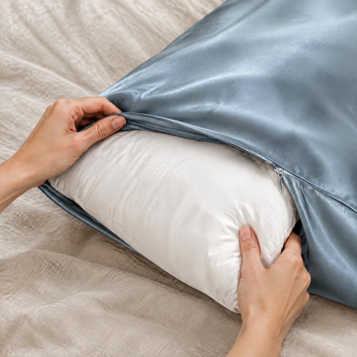 Hands sliding a pillow into an ash-blue silk pillowcase through its zipper opening