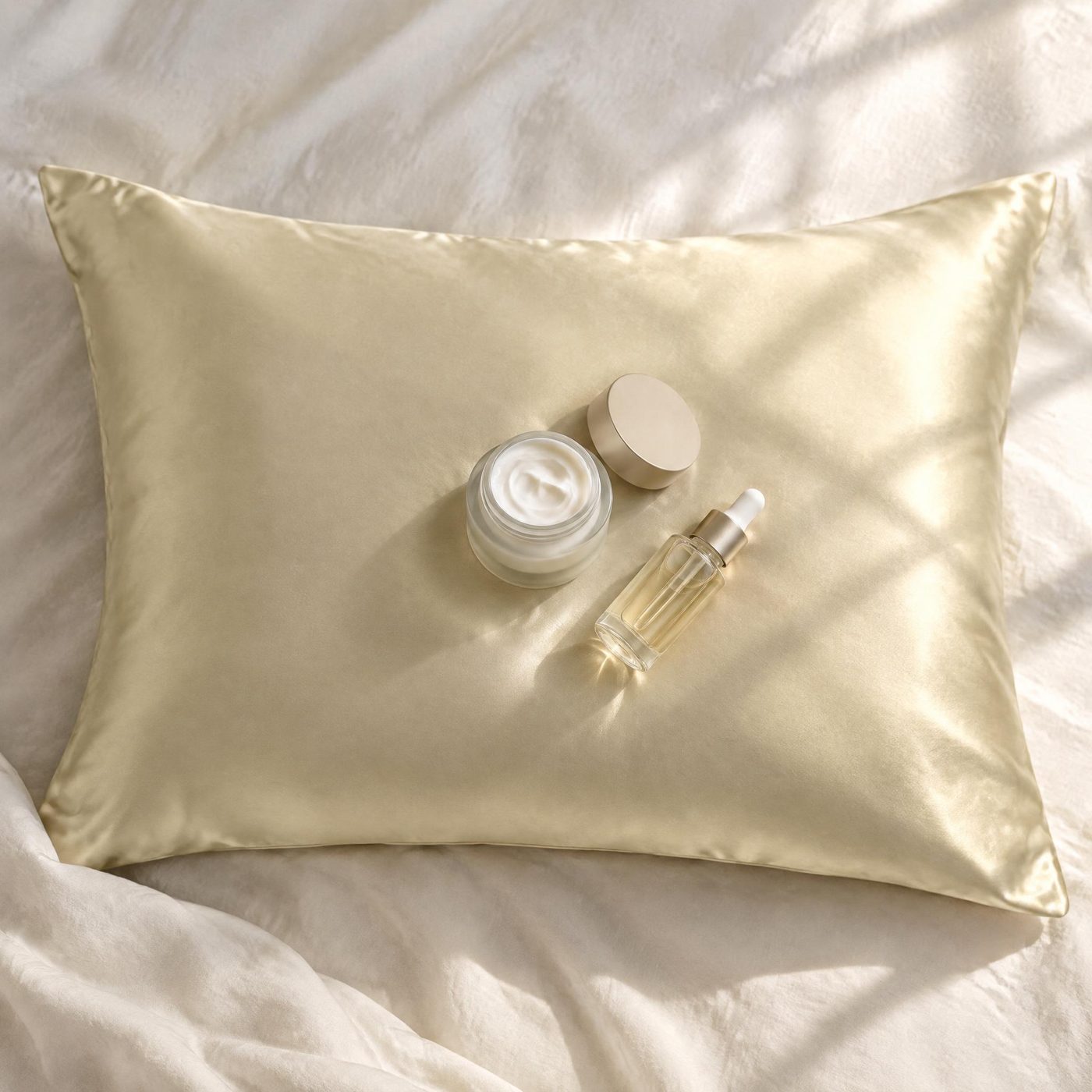 Night cream jar and serum bottle resting on a champagne silk pillowcase
