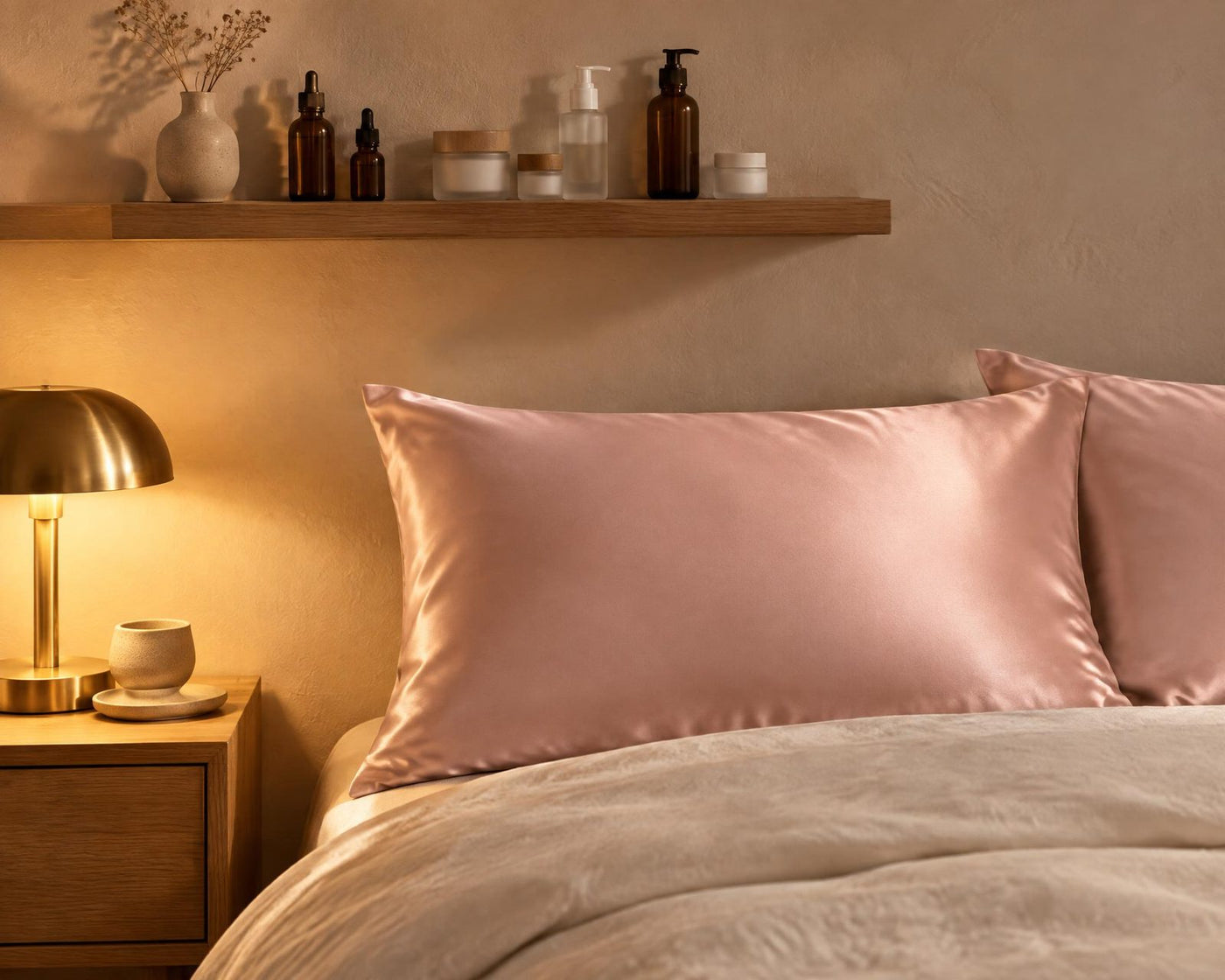 Skincare bottles on a shelf above a nightstand, beside a bed with blush-pink silk pillowcases