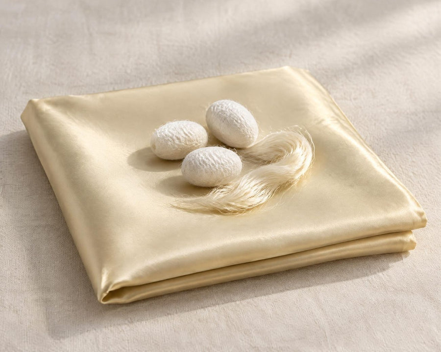 Silk cocoons and raw silk thread on a folded champagne silk pillowcase