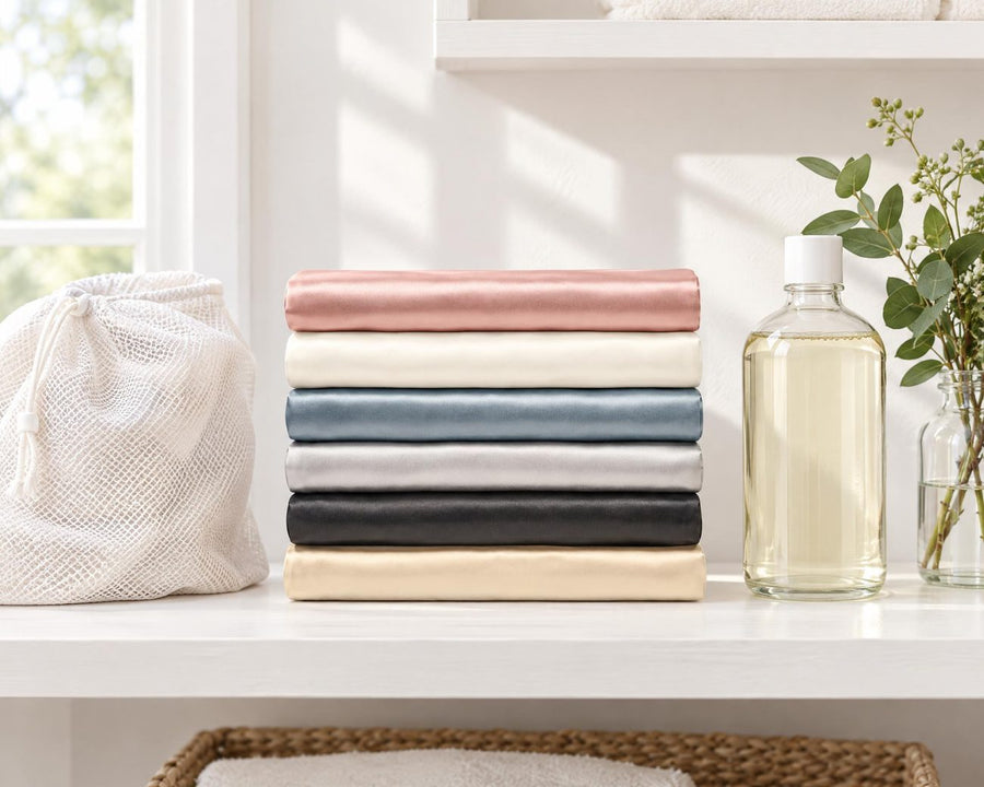 Folded silk pillowcases in six colors on a laundry shelf with a mesh bag and detergent