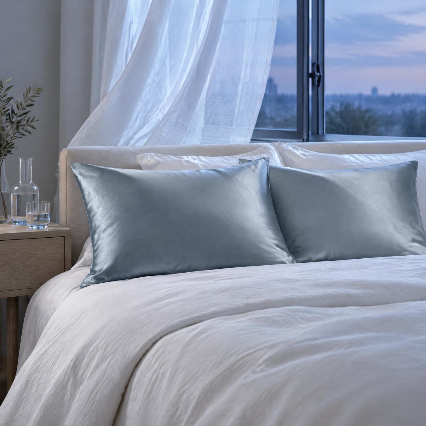 Bed with ash-blue silk pillowcases and white linen by an open window at dusk