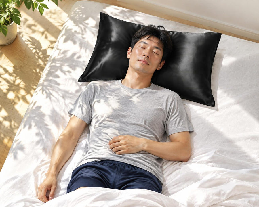 Man asleep on his back on a black silk pillowcase in bright morning sun