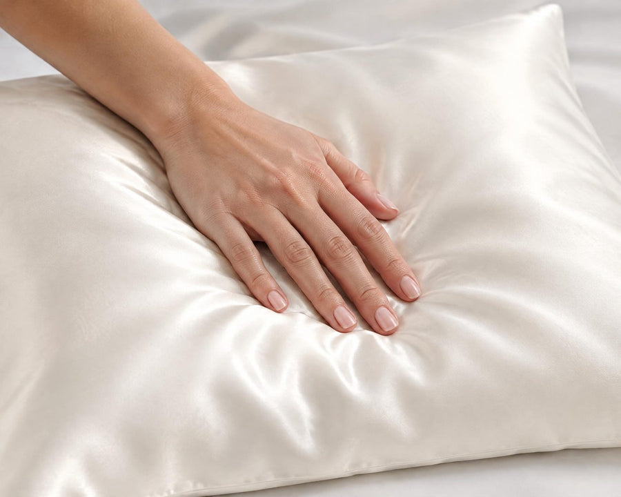 Hand resting on a white silk pillowcase
