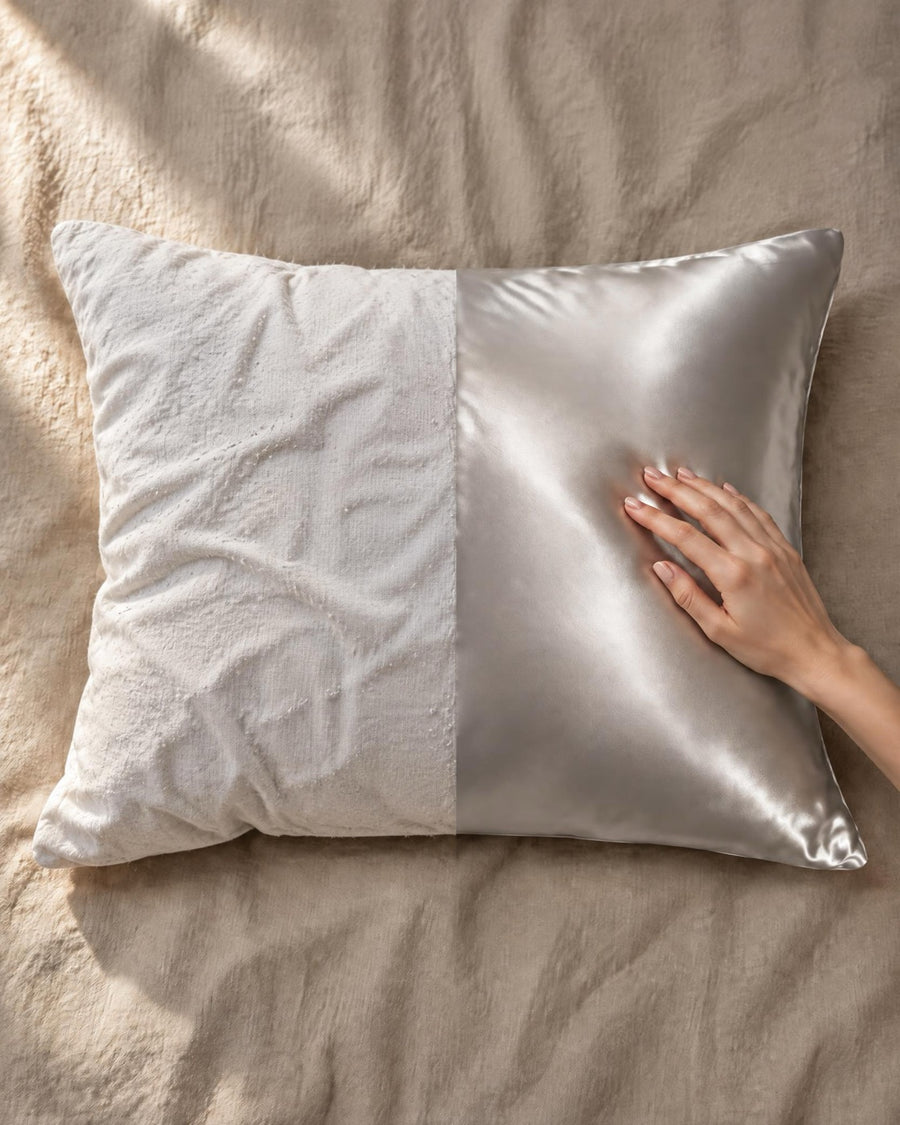 A pillow that is wrinkled matte cotton on one half and smooth silver silk on the other, with a hand on the silk